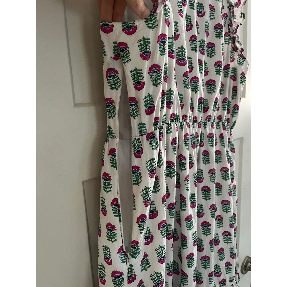 J.Crew Cotton Print Floral Ruffle Midi Dress Pink Green White Size 10